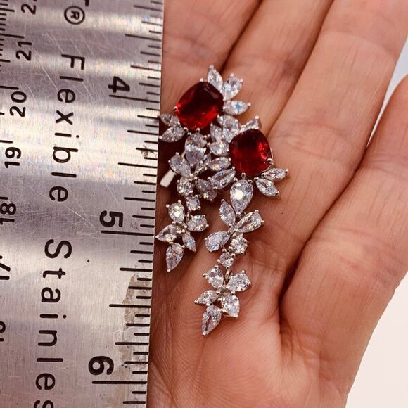 Earring, NWOT, solid 925 sterling, large lab ruby, articulated 1&1/2 in. drop, - Picture 3 of 17
